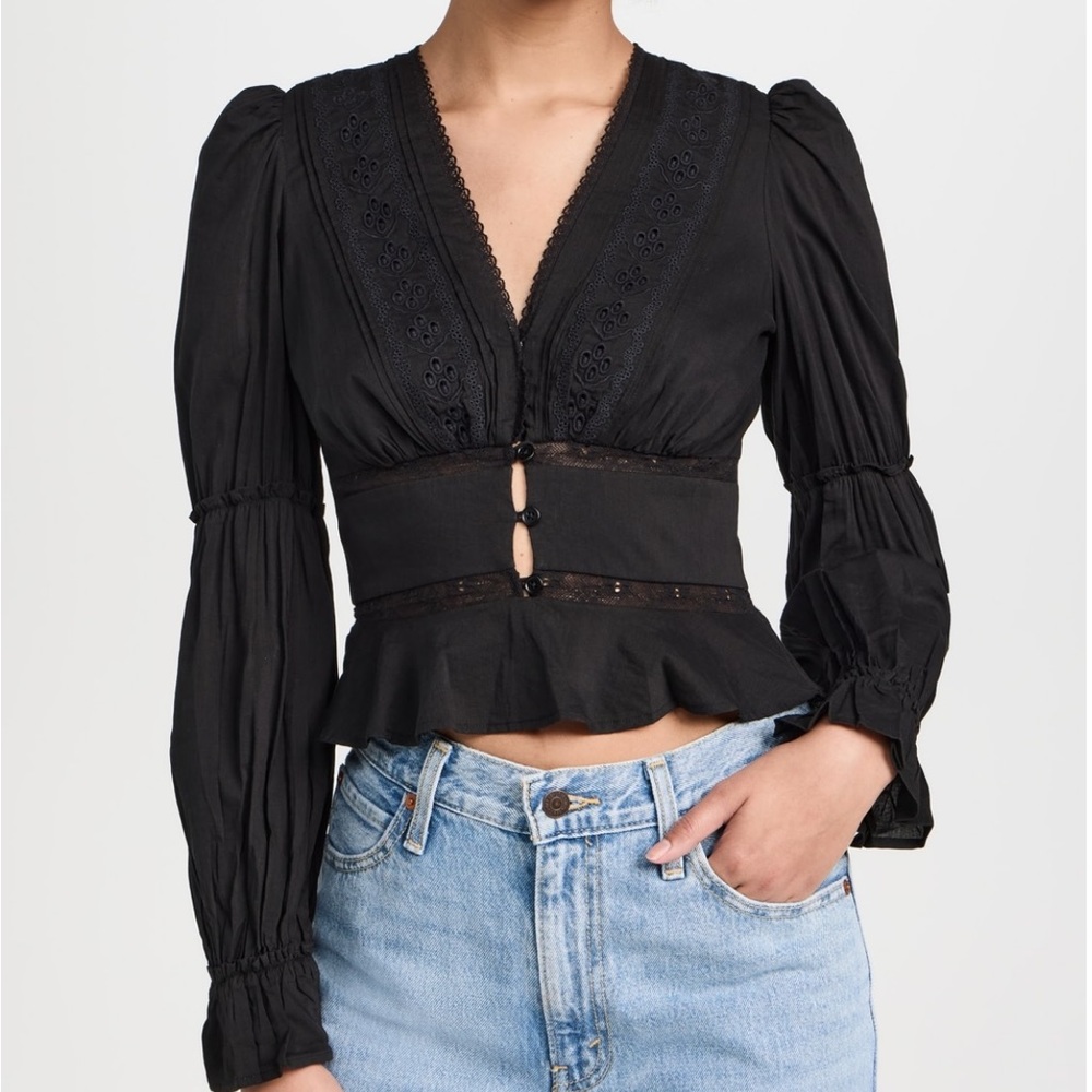 Reformation Black Eyelet V-Neck Peplum Top